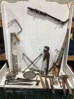 TOTE W/ SAWS, HAMMERS, HATCHET, HINGE, SAW BLADE & MISC