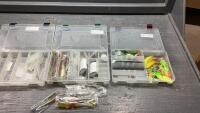 (2)BASS PRO + (1)PLANO ORGANIZER BIN W/ FISH HOOKS, LURES