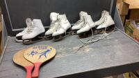 BOX OF FIGURE SKATES(4)PAIR + BEACH BALL PADDLES