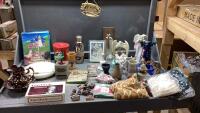 TOTE W/SMALL CERAMIC PITCHER, FIGURINES, CIGAR BOX, VINTAGE SHAVER, WEATHERVANE KIT