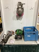CRATE W/ RESPIRATOR, PARTICULATE FILTER, (3) JIGSAWS SUPERIOR, BLACK & DECKER, CRAFTSMAN AND HEINIGER CLIPPERS
