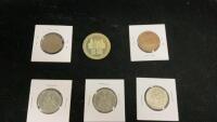 (3) 50 CENT PIECES - 1982 AND (3) TOKENS