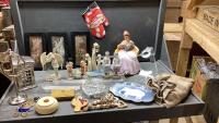 GOOD TOTE W/FIGURINES, FRAMED ANIMAL PRINTS, STAINED GLASS FIGURINE