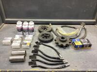 SHOP BOX OF MISC W/ BEARINGS, POWERFIST ROLLER FAIRLEAS, LARGE GEAR, RUBBER DOLLY WHEELS, A/C LEAK SEALANT +U/V DYE & CHARGING HOSE