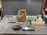 SHOP BOX W/ TOW STRAP, BOLTS, NUTS, AIR FILTER, CLAMPS & MISC