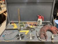 SHOP BOX W/ BLACK & DECKER JIG SAW, DIE GRINDERS, AIR PRESSURE HOSE, CEMENT EDGER, SQUARE RULER, SPRAYER & STETHOSCOPE