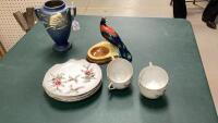 CHINA 4- PLACE SETTING LUNCH SET, ROSEVILLE VASE, PEACOCK FIGURINE