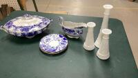 BLUE + WHITE CHINA + MILK GLASS VASES