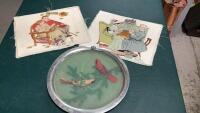 (2)NORMAN ROCKWELL CROSS STITCH PICTURES + SERVING TRAY