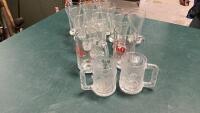 (12) BAR GLASSES, (2) SCHULER ANNIVERSARY BEER MUGS + MACDONALDS ROBIN CUPS