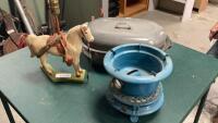 (3) ITEMS - ENAMEL ROASTER, CHALKWARE HORSE LAMP, BLUE HEATER