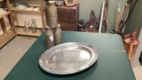 PEWTER &ldquo;RWP&rdquo; PLATTER + 3 CARNIVAL WOODED BOTTLES