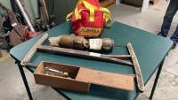 (4)ITEMS - CROSS CUT SAW, 2 BRASS FIRE HOSE COUPLERS, SHELL OIL DUFFLE BAG + CEDAR BOX W/MISC