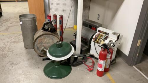 ANTIQUE FIRE EXTINGUISHERS, ROCKER OIL CAN, INDUSTRIAL LIGHT FIXTURES, (2) OLD CASH REGISTERS