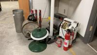 ANTIQUE FIRE EXTINGUISHERS, ROCKER OIL CAN, INDUSTRIAL LIGHT FIXTURES, (2) OLD CASH REGISTERS