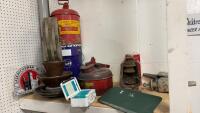 ANTIQUE& VINTAGE ITEMS - SAFETY CAN, FIRST AID KIT, GULF OIL 5 GAL PAIL, CARRIAGE SIDE LIGHTS, PROPANE TORCH, METAL JERRY CANS, WOOD PULLEY, VERY LARGE INSULATOR,