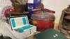 ANTIQUE& VINTAGE ITEMS - SAFETY CAN, FIRST AID KIT, GULF OIL 5 GAL PAIL, CARRIAGE SIDE LIGHTS, PROPANE TORCH, METAL JERRY CANS, WOOD PULLEY, VERY LARGE INSULATOR, - 2