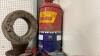 ANTIQUE& VINTAGE ITEMS - SAFETY CAN, FIRST AID KIT, GULF OIL 5 GAL PAIL, CARRIAGE SIDE LIGHTS, PROPANE TORCH, METAL JERRY CANS, WOOD PULLEY, VERY LARGE INSULATOR, - 5