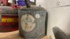 ANTIQUE& VINTAGE ITEMS - SAFETY CAN, FIRST AID KIT, GULF OIL 5 GAL PAIL, CARRIAGE SIDE LIGHTS, PROPANE TORCH, METAL JERRY CANS, WOOD PULLEY, VERY LARGE INSULATOR, - 6