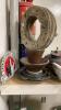 ANTIQUE& VINTAGE ITEMS - SAFETY CAN, FIRST AID KIT, GULF OIL 5 GAL PAIL, CARRIAGE SIDE LIGHTS, PROPANE TORCH, METAL JERRY CANS, WOOD PULLEY, VERY LARGE INSULATOR, - 8