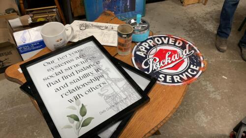 PACKARD METAL SIGN, SOCK STRETCHER, (2) DOUBLE GLASS FRAMES, ASHTRAY,