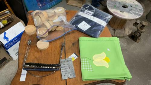 BAG OF WOOD CIRCLES, HOHNER HARMONICA W/ HOLDER, TABLECLOTH, NAPKINS (NEW)