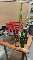 PALM MILK CRATE W/ BOTTLES & JARS -A COUPLE OF NOVELTY BOTTLES AND RUBBER CORKS (NEW)