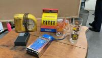 RELIABLE TOY REGISTER, (2) TRANSISTOR RADIO&rsquo;S AND WESTCLOK ALARM CLOCK + (4) THEMED GLASSES