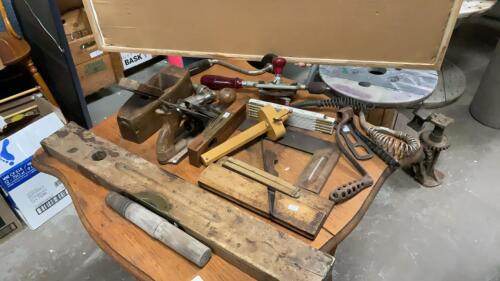 ANTIQUE TOOLS - LEVEL, PLANES, SQUARE, HAND DRILLS, STOVE LIFTERS