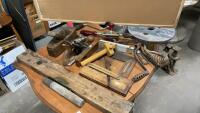 ANTIQUE TOOLS - LEVEL, PLANES, SQUARE, HAND DRILLS, STOVE LIFTERS