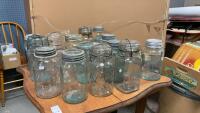 COLLECTION OF ANTIQUE & VINTAGE JARS - SOME W/ BLUE TINGE AND A FEW GLASS LIDS