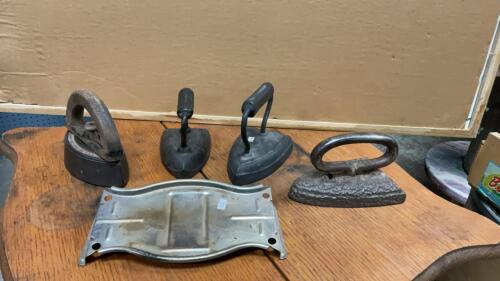 COLLECTION OF SAD IRONS, ONE TRIVET FOR A GAS IRON