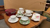 VINTAGE DISHWARE - (5) TEA CUPS & SAUCERS, (2) SMALL CANDY TRAYS, ROYAL ALBERT PLATE CONTAINER (EMPTY)