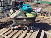 JOBMATE WHEEL BARREL & GARDEN CONTENTS (SCOTTS FERTILIZER SPREADER, PLASTIC GARDEN POTS & PLASTIC WATERING CAN