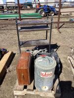PALLET OF MISC W/ SMALL BOOK SHELF, WOODEN CHEST & IGLOO WATER COOLER