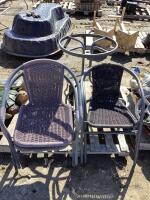 (4) ASSORTED OUTDOOR WICKER CHAIRS & (1) GLASS ROUND TABLE