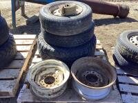 ASSORTED (3) TIRES & (2) 12, 8 BOLT RUSTED RIMS