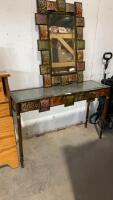 GLASS & METAL SOFA TABLE W/ METAL FRAMED WALL MIRROR