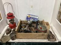 CRATE W/ LANTERN, SAD IRONS, BUTTER MARKER, STEAM PRESSING CLOTH AND MISC