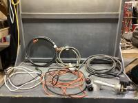 TOTE W/ ASSORTMENT OF HOSES, EXTENSION CORDS, VACUUM ATTACHMENTS, CHAIN & MISC