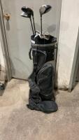 KNIGHT GOLF BAG W/ STAND, (9) CLUBS AND SOME BALLS/TEES
