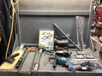 TOTE W/ FEEDLOT STARTER SET, GRINDER PLATES, SAWS, IMPACT DRILL, DREMEL, SQUEEGEE & MISC