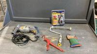 BOX OF TOOLS - CHALK LINE, MASTERCRAFT HAMMER DRILL, PAINT ROLLER