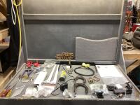 SHOP BOX OF MISC W/ SCREW DRIVERS, ALLEY WRENCH, DRILL BIT BRUSHES, SHOE HORSE, CLAMP & USB-C ADAPTER