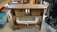 WOOD SHELF W/ (3) WICKER BASKETS