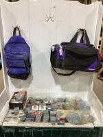 SHAKESPEARE BAG, EDDIE BAUER BACKPACK WITH MISCELLANEOUS FISHING CONTENTS