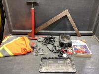 SHOP BOX W/ BUILT-4-CHARGING, CHILTON REPAIR MANUAL BMW, SQUARE RULER, LICENSE PLATE FRAME, STRAIT LINE, LARGE T-SHIRT & MISC