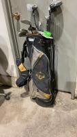 GOLF BAG W/ STAND AND (11) LEFT HANDED CLUBS, A FEW BALLS & TEES