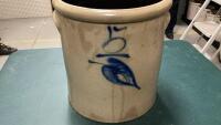 FIVE GALLON SALT GLAZE CROCK WITH MOLDED HANDLES