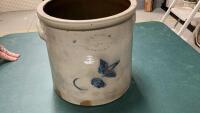 THREE GALLON SALT GLAZE CROCK WITH MOLDED HANDLES